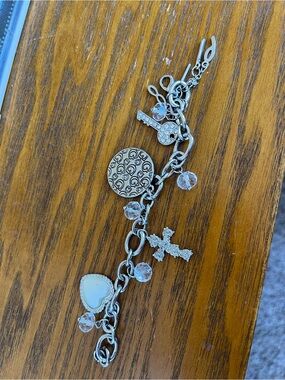 Silver Charm Bracelet with Heart, Cross and Crystal Charms